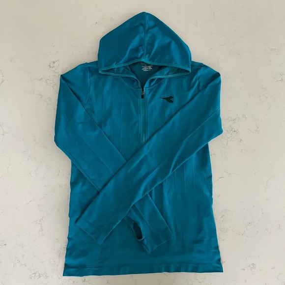 Diadora Activewear LS 1/4 Zip Polyamide Elastane Hooded Top Turquoise Sz M/L - Picture 15 of 15